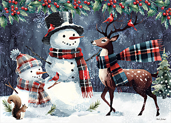 Nicole DeCamp ND989 - ND989 - Christmas Snowmen with Reindeer - 16x12 snowman and reindeer, winter forest, red cardinals, plaid scarves, holly border, festive scene, Christmas illustration, friendship, snowflakes from Penny Lane