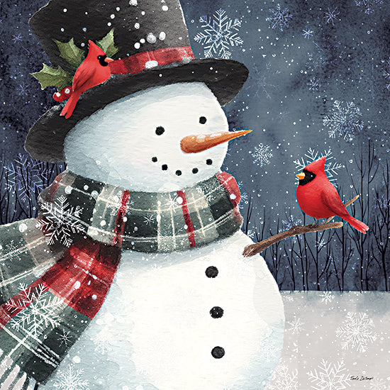 Nicole DeCamp ND992 - ND992 - Christmas Snowman with Cardinal I - 12x12 snowman, cardinal birds, top hat, holly, plaid scarf, snowflakes, winter night, snowy background, holiday season, festive illustration, cheerful snowman, nature scene from Penny Lane