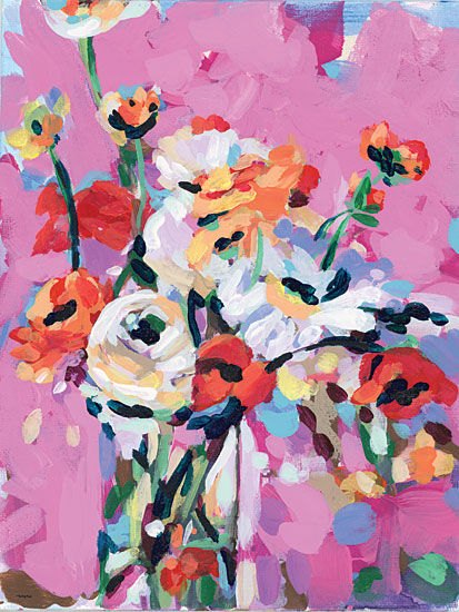 Painting Paige PP111 - PP111 - The Yay Bouquet - 12x16 abstract floral bouquet, pink background, white ranunculus, coral poppies, whimsical stems, impasto acrylic, expressive brushwork, colorful garden arrangement, contemporary flower painting, cheerful feminine wall art from Penny Lane