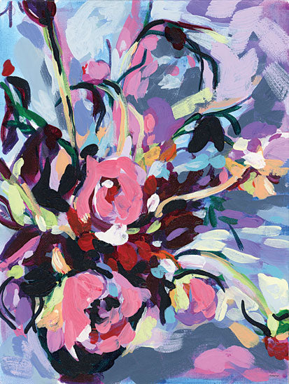 Painting Paige PP112 - PP112 - The Thinking of You Bouquet - 12x16 loose floral arrangement, pink roses, mauve lavender background, gestural petals, modern abstract bouquet, expressive acrylic, layered brush strokes, romantic blossoms, soft blue highlights, contemporary feminine floral art from Penny Lane