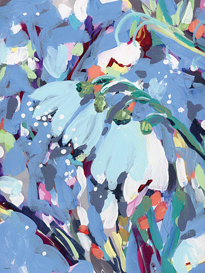 Painting Paige PP115 - PP115 - January Birth Flower - 12x16 blue snowdrops, drooping white flowers, cool pastel palette, airy botanical abstraction, spring bulbs, periwinkle background, splatter accents, loose acrylic brushwork, serene floral painting, fresh seasonal garden art from Penny Lane