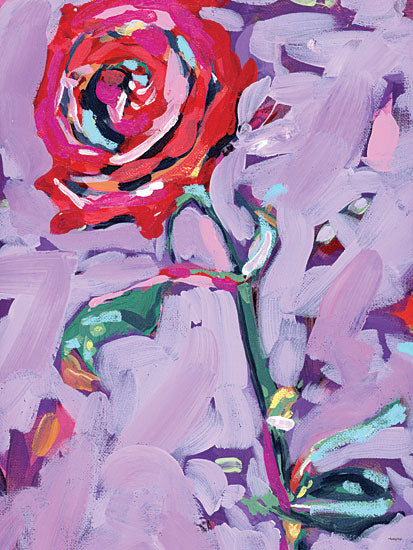 Painting Paige PP120 - PP120 - June Birth Flower - 12x16 single red rose, lavender abstract background, romantic bloom, long green stem, expressive petals, modern floral portrait, loose brush strokes, bold pink and purple palette, contemporary love-themed art, feminine wall decor from Penny Lane