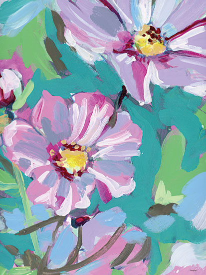 Painting Paige PP124 - PP124 - October Birth Flower - 12x16 pink cosmos flowers, turquoise background, airy petals, cheerful garden blooms, loose impressionistic style, pastel acrylic painting, whimsical botanical art, soft green stems, contemporary floral wall decor, bright feminine palette from Penny Lane