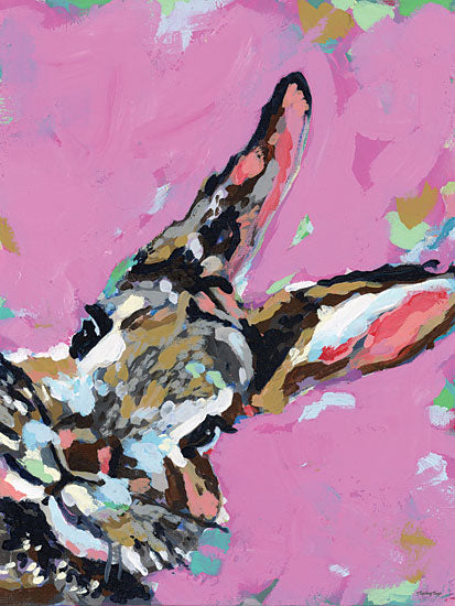 Painting Paige PP131 - PP131 - Hello There Bunny - 12x16 close-up bunny portrait, rabbit ears, pink background, cropped animal composition, lop rabbit, expressive eye, playful nursery art, whimsical rabbit painting, modern folk feel, pastel pink backdrop, bold palette knife, textured brush strokes, pet portrait, spring decor, colorful contemporary animal art from Penny Lane