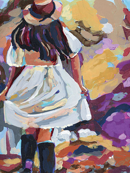 Painting Paige PP142 - PP142 - Latte Dress - 12x16 young girl from behind, white dress, straw hat, child in field, playful summer scene, black boots, carefree pose, lavender and gold palette, impressionistic child figure, whimsical storytelling, countryside stroll, soft movement, painterly texture, juvenile decor, nostalgic innocence from Penny Lane