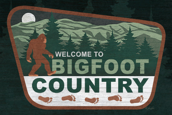 Lauren Rader RAD1460 - RAD1460 - Welcome to Big Foot Country     - 18x12 Whimsical, Bigfoot, Welcome to Bigfoot Country, Typography, Signs, Textual Art, Landscape, Trees, Mountains, Moon, Footprints from Penny Lane