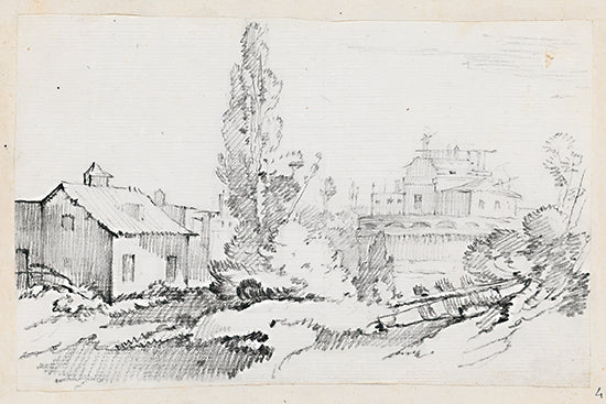 Lauren Rader RAD1615 - RAD1615 - Italy Countryside Sketch I - 18x12 landscape, travel, trees, rural, architecture, places & cities, buildings, village, hills, vintage, pencil drawing, black & white from Penny Lane