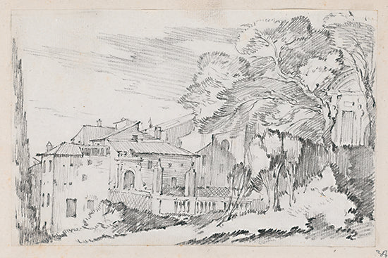 Lauren Rader RAD1616 - RAD1616 - Italy Countryside Sketch II - 18x12 landscape, travel, botanical, architecture, places & cities, trees, buildings, villa, historic, rural, hillside, sketch, vintage, painterly, pencil drawing, black & white from Penny Lane