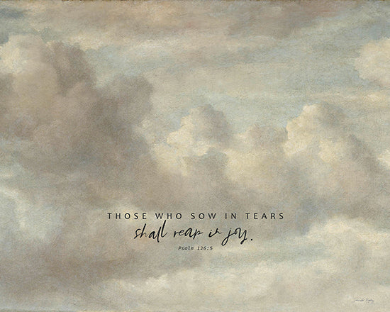 Jennifer Rigsby RIG275 - RIG275 - Reap in Joy - 16x12 cloudscape, soft blue sky, dramatic clouds, watercolor look, atmospheric landscape, scripture quote, Psalm 126:5, sow in tears reap in joy, inspirational faith print, moody sky, serene background, minimalist typography, calming wall art, neutral tones from Penny Lane