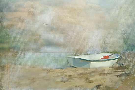Robin-Lee Vieira RLV821 - RLV821 - Beached - 18x12 small white boat on sandy shore, pastel abstract sky, soft painterly texture, minimal coastal scene, tranquil shoreline from Penny Lane