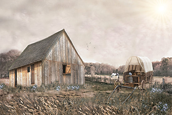 Robin-Lee Vieira RLV836 - RLV836 - Homestead Haven - 18x12 rustic shed and covered wagon, countryside field, pioneer wagon, rural heritage scene, farmhouse meadow from Penny Lane
