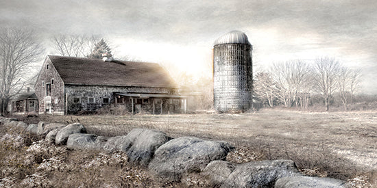 Robin-Lee Vieira RLV853 - RLV853 - Silent Farm   - 18x9 weathered barn and silo, rural farmland, neutral countryside tones, rustic farm buildings, quiet meadow landscape, pastoral scenery from Penny Lane