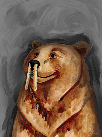 Rachel Nieman RN661 - RN661 - Stinky Bear - 12x16 bear portrait holding clothespin, humorous wildlife illustration, whimsical animal painting from Penny Lane