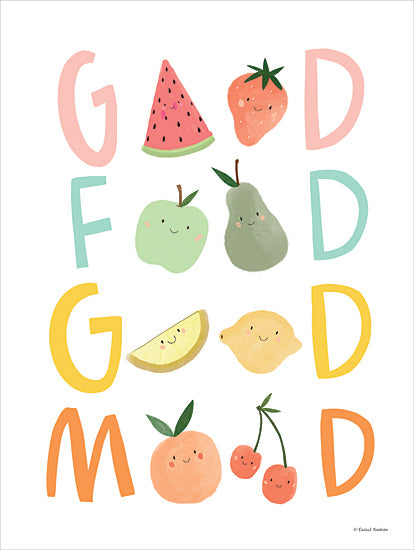 Rachel Nieman RN664 - RN664 - Good Food Good Mood II - 12x16 good food good mood quote, smiling fruit illustrations, playful kitchen wall art from Penny Lane