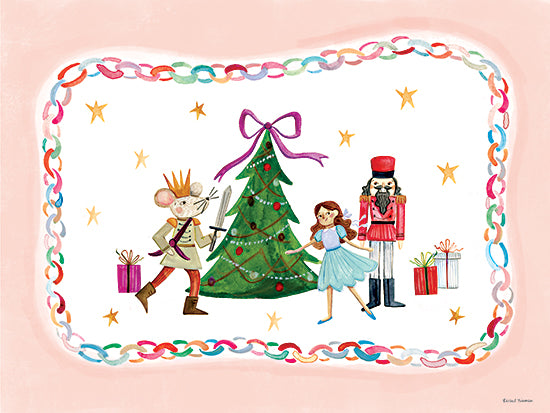 Rachel Nieman RN766 - RN766 - Nutcracker Scene  Predailys - 16x12 nutcracker illustration, mouse king, girl ballerina, Christmas tree, gifts, whimsical art, pink border, holiday scene, children storybook style from Penny Lane