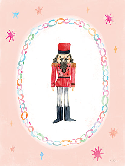 Rachel Nieman RN768 - RN768 - Nutcracker       Predailys - 12x16 nutcracker figure, holiday illustration, pink background, festive border, Christmas character, whimsical art style, classic toy design from Penny Lane