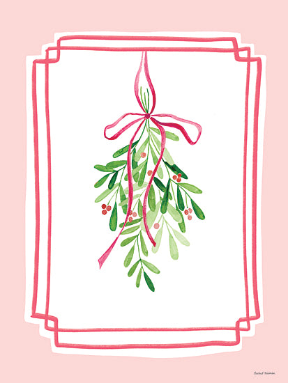 Rachel Nieman RN783 - RN783 - Whimsy Mistletoe - 12x16 mistletoe, pink ribbon, watercolor holiday art, green leaves, red berries, festive botanical, Christmas decor, seasonal greenery, romantic illustration, whimsical holiday print from Penny Lane