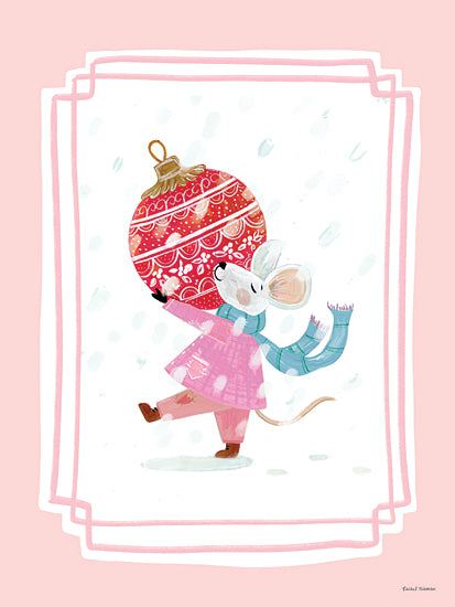 Rachel Nieman RN785 - RN785 - Whimsy Christmas Mouse - 12x16 mouse, red ornament, winter scene, pink outfit, festive art, snow, Christmas illustration, cute animal, holiday character, whimsical design, joyful decor, children’s holiday print from Penny Lane