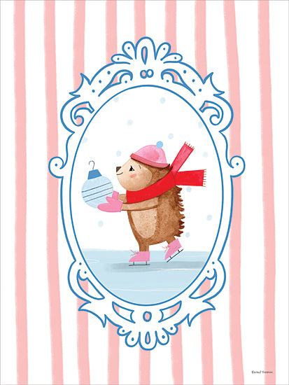 Rachel Nieman RN787 - RN787 - Whimsy Ice Skating Critter 2 - 12x16 cute hedgehog, ice skating, winter clothing, pink hat, red scarf, holiday ornament, whimsical animal illustration, children art, pastel colors, Christmas theme from Penny Lane