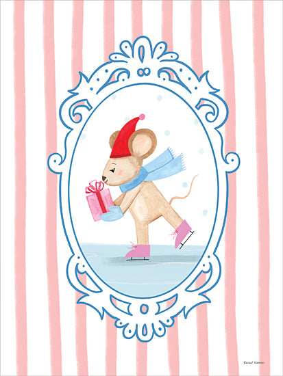 Rachel Nieman RN788 - RN788 - Whimsy Ice Skating Critter 3 - 12x16 cute mouse, ice skating, red hat, blue scarf, pink mittens, gift box, festive illustration, whimsical children’s art, Christmas season, pastel color palette from Penny Lane