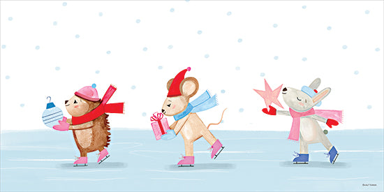 Rachel Nieman RN789 - RN789 - Whimsy Ice Skating Critters - 18x9 cute animals skating, hedgehog mouse bunny, Christmas star, festive scene, winter fun, friendship, gift giving, holiday illustration, pastel tones, snow background from Penny Lane