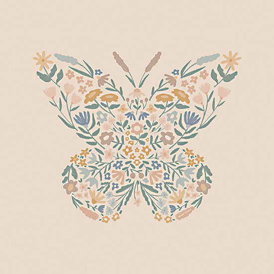 Rachel Nieman RN792 - RN792 - Flower Butterfly - 12x12 animals, botanical, symbols & icons, stylized animals, insects, floral, leaves, butterfly, wildflowers, spring, garden, nature, whimsical, decorative, digital illustration, beige from Penny Lane