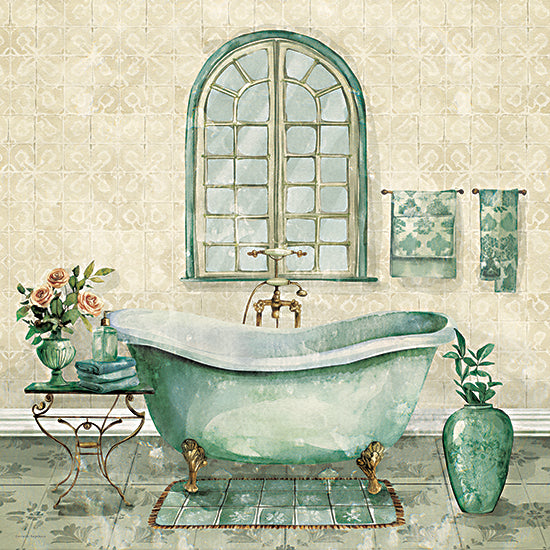 Svetlana Aleinikova SA146 - SA146 - Vintage Bliss Bath Set 1 - 12x12 green bathtub, tiled wall, plants, elegant bathroom from Penny Lane