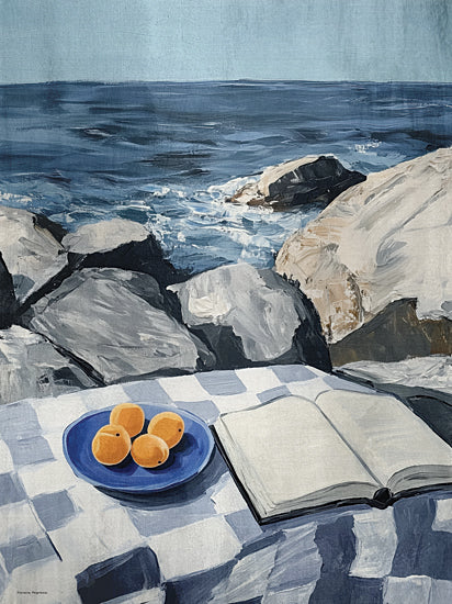 Svetlana Aleinikova SA169 - SA169 - Seaside Solace - 12x16 ocean view, still life, seascape, open book, bowl of oranges, seaside rocks, blue color palette, summer scene, peaceful atmosphere, painterly brush strokes from Penny Lane