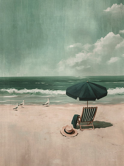 Svetlana Aleinikova SA172 - SA172 - Seaside Spot - 12x16 beach umbrella, lounge chair, seagulls, ocean waves, green tint, serene shore, vacation mood, painterly brushwork, summer coastal landscape from Penny Lane