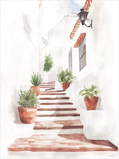 Svetlana Aleinikova SA175 - SA175 - Sun-kissed Alley - 12x16 travel, botanical, architecture, places & cities, greenery, stairs, potted plants, courtyard, white wall, mediterranean, shadows, painterly, decorative, watercolor, white from Penny Lane