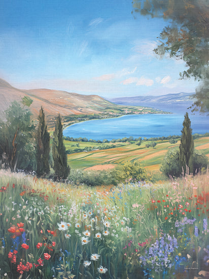 Svetlana Aleinikova SA183 - SA183 - Dreams in Bloom - 12x16 wildflower meadow by a lake, blue water landscape, cypress trees, rolling hills, spring countryside, red poppies, white daisies, lavender blooms, bright sky, pastoral vista, impressionistic landscape, european countryside feel, lakeside field, colorful nature painting from Penny Lane