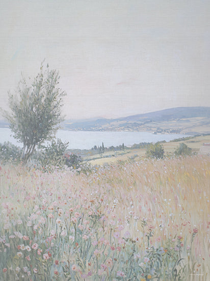 Svetlana Aleinikova SA184 - SA184 - Blooming World - 12x16 pastel meadow overlooking water, soft lake landscape, lone tree, pink wildflowers, hazy sky, airy countryside scene, serene horizon, muted spring palette, delicate floral field, tranquil nature painting, dreamy lakeside vista, light filled landscape, calming wall art from Penny Lane