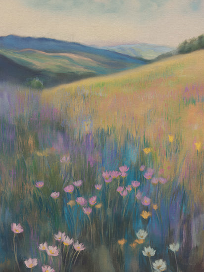 Svetlana Aleinikova SA187 - SA187 - Spring Meadow - 12x16 dreamy wildflower hillside, blurred meadow, pastel flowers, rolling hills, atmospheric landscape, soft focus painterly scene, spring field, pink and yellow blooms, teal and gold palette, romantic countryside, tranquil nature art, impressionistic floral landscape, soothing color field from Penny Lane