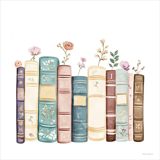 Svetlana Aleinikova SA206 - SA206 - Roots of Wisdom - 12x12 watercolor books, vintage book stack, floral books, library decor, pastel books, flowers growing from books, botanical illustration, reading theme, literary art, soft watercolor painting, cottagecore books, whimsical library art from Penny Lane