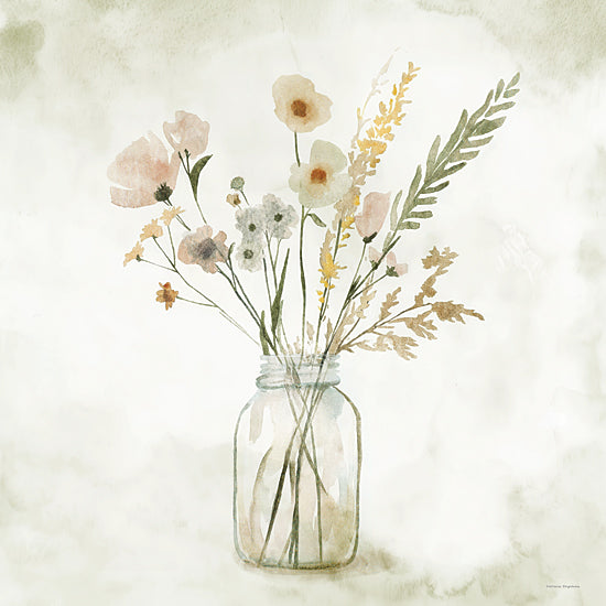 Svetlana Aleinikova SA221 - SA221 - Dancing Floral - 12x12 pastel bouquet in mason jar, watercolor wildflowers, soft blush petals, yellow botanical accents, cottage floral arrangement, airy white background, delicate stems, fresh picked flowers, feminine farmhouse floral, light green wash, sweet spring bouquet, painterly botanical still life from Penny Lane