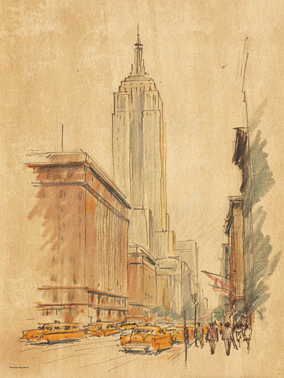 Svetlana Aleinikova SA237 - SA237 - Urban Outline - 12x16 vintage new york street scene, empire state building sketch, yellow taxi cabs, sepia city drawing, urban illustration, nostalgic manhattan, architectural linework, downtown avenue, classic city traffic, travel sketch, retro metropolitan art, city landmark, warm neutral tones, old new york print, streetscape artwork from Penny Lane