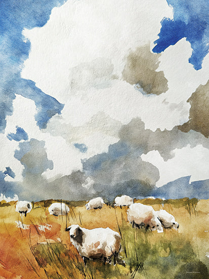 Svetlana Aleinikova SA247 - SA247 - Grazing Fields - 12x16 sheep grazing landscape watercolor, pastoral countryside scene, farm animals in field, dramatic clouds sky, rustic farmland art from Penny Lane