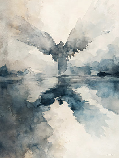 Svetlana Aleinikova SA293 - SA293 - Divine Ripple   - 12x16 bird in flight, watercolor bird silhouette, wings spread, reflection on water, misty sky, ethereal nature, soft blue tones, abstract bird art, serene lake reflection, airy composition, tranquil wildlife scene, contemporary watercolor, atmospheric painting, peaceful decor, minimalist avian artwork from Penny Lane