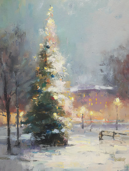 Svetlana Aleinikova SA301 - SA301 - The Quiet Tree - 12x16 holidays & seasonal, landscape, botanical, winter, christmas, trees, christmas tree, snow, street lights, park, buildings, bench, evening, painterly, moody, oil painting, blue from Penny Lane