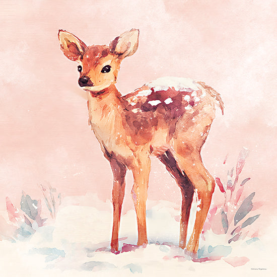 Svetlana Aleinikova SA313 - SA313 - Through the Winter Woods - 12x12 animals, juvenile, holidays & seasonal, wildlife, baby, winter, fawn, snow, whimsical, painterly, watercolor, pink from Penny Lane