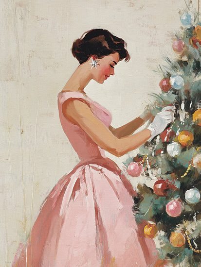 Svetlana Aleinikova SA314 - SA314 - A Lady's Holiday Touch - 12x16 woman decorating christmas tree painting, vintage holiday illustration, festive ornaments, elegant woman pink dress from Penny Lane