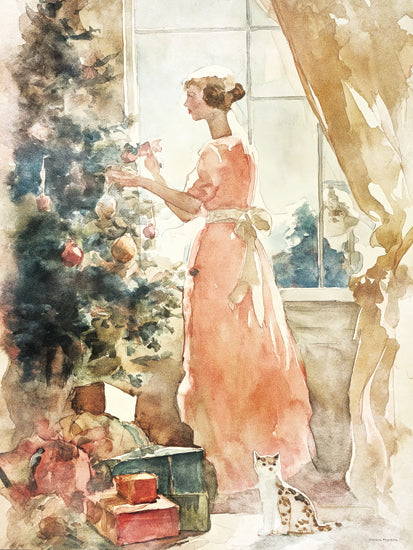 Svetlana Aleinikova SA315 - SA315 - Trim the Tree - 12x16 woman decorating christmas tree watercolor, cozy holiday interior, cat by gifts, vintage festive scene from Penny Lane