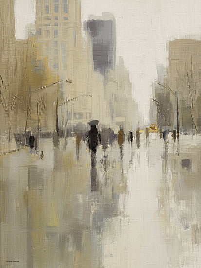 Svetlana Aleinikova SA327 - SA327 - City Pulse - 12x16 Urban cityscape, rainy day street scene, impressionistic buildings, pedestrians with umbrellas, moody atmosphere, abstract realism, soft muted palette, reflections on wet pavement, city life, modern landscape. from Penny Lane