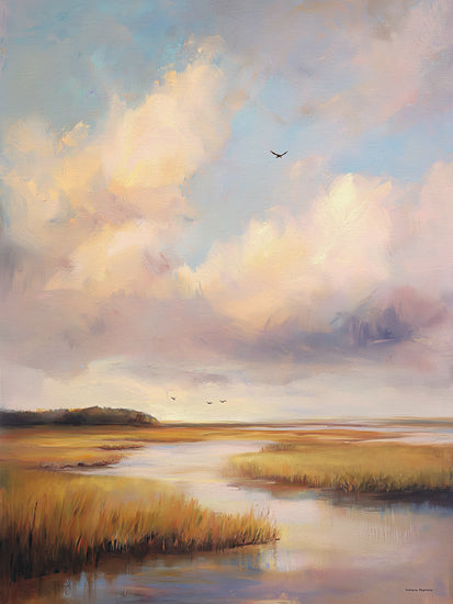 Svetlana Aleinikova SA392 - SA392 - The Untouched Current - 12x12 golden marsh sunset, warm pastel sky, tranquil wetlands landscape, reflective water channels, serene coastal nature scene, impressionist brushwork from Penny Lane