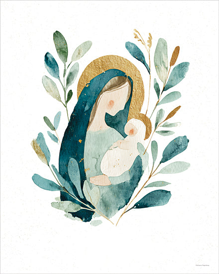 Svetlana Aleinikova SA411 - SA411 - Silent Blessings - 12x16 madonna and child watercolor, virgin mary holding baby jesus, botanical leaves wreath, soft green palette, christian motherhood theme, spiritual illustration from Penny Lane