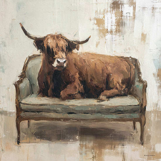 Svetlana Aleinikova SA449 - SA449 - Homebody Heifer - 12x12 animals, home spaces, western, farm animals, highland cow, sofa, cattle, rustic, interior, shaggy, horns, painterly, modern farmhouse, oil painting, brown from Penny Lane