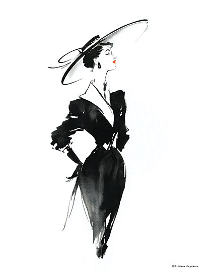 Svetlana Aleinikova SA454 - SA454 - Chic Strokes - 12x16 elegant woman, black dress, large hat, fashion illustration, minimalist ink art, chic vintage style, figurative drawing, confident pose, red lips detail from Penny Lane