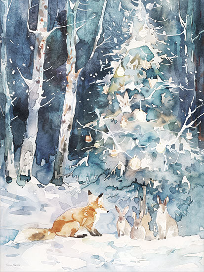 Svetlana Aleinikova SA541 - SA541 - The Fox and the Hares - 12x16 winter forest watercolor fox and rabbits christmas tree snowy woodland from Penny Lane