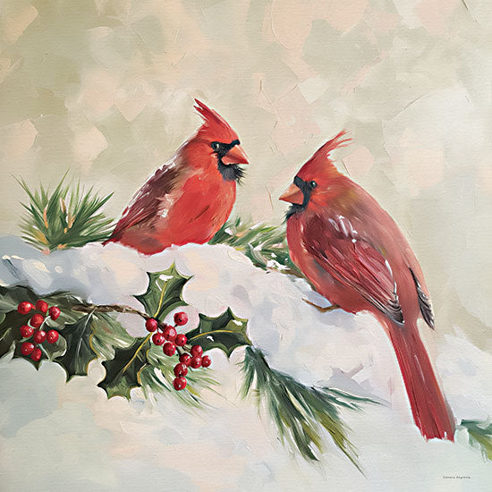 Svetlana Aleinikova SA554 - SA554 - Crimson Winter Duet - 12x12 red cardinals, pair of birds, holly berries, pine greenery, snow covered branch, winter wildlife, Christmas birds, soft pastel background, festive nature, red birds, holiday foliage, serene seasonal art, painterly bird portrait from Penny Lane