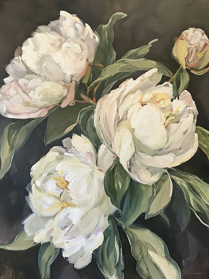 Svetlana Aleinikova SA609 - SA609 - Ivory Peony Whisper - 12x16 white peonies, floral still life, soft petals, romantic bouquet, dark background, elegant flower painting, botanical art, creamy blossoms, classic floral decor, refined femininity, garden flowers, painterly bloom study, delicate petals, moody floral arrangement, timeless wall art from Penny Lane